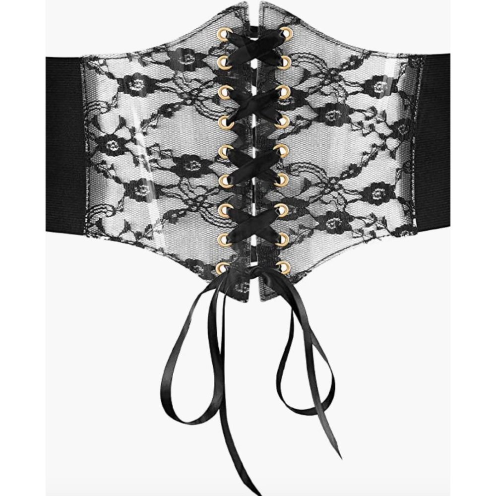 Black Floral Lace PVC‎ Lace Up Corset Elastic Wide Waistband Belt Girdle - Picture 7 of 9